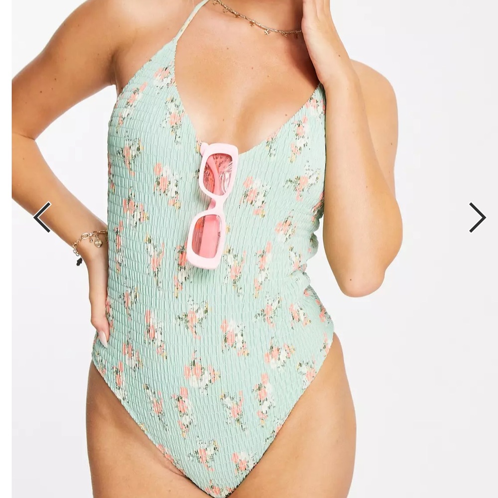 Topshop shirred floral one piece swimsuit in sage size 4